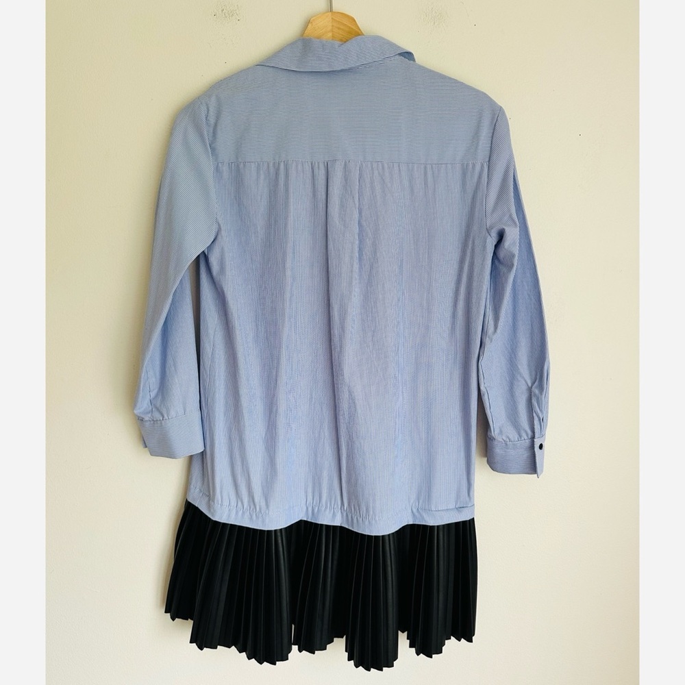 Zara Contrasting Shirt Dress Stripes and Black Faux Leather Skirt Blue Black - Picture 7 of 9